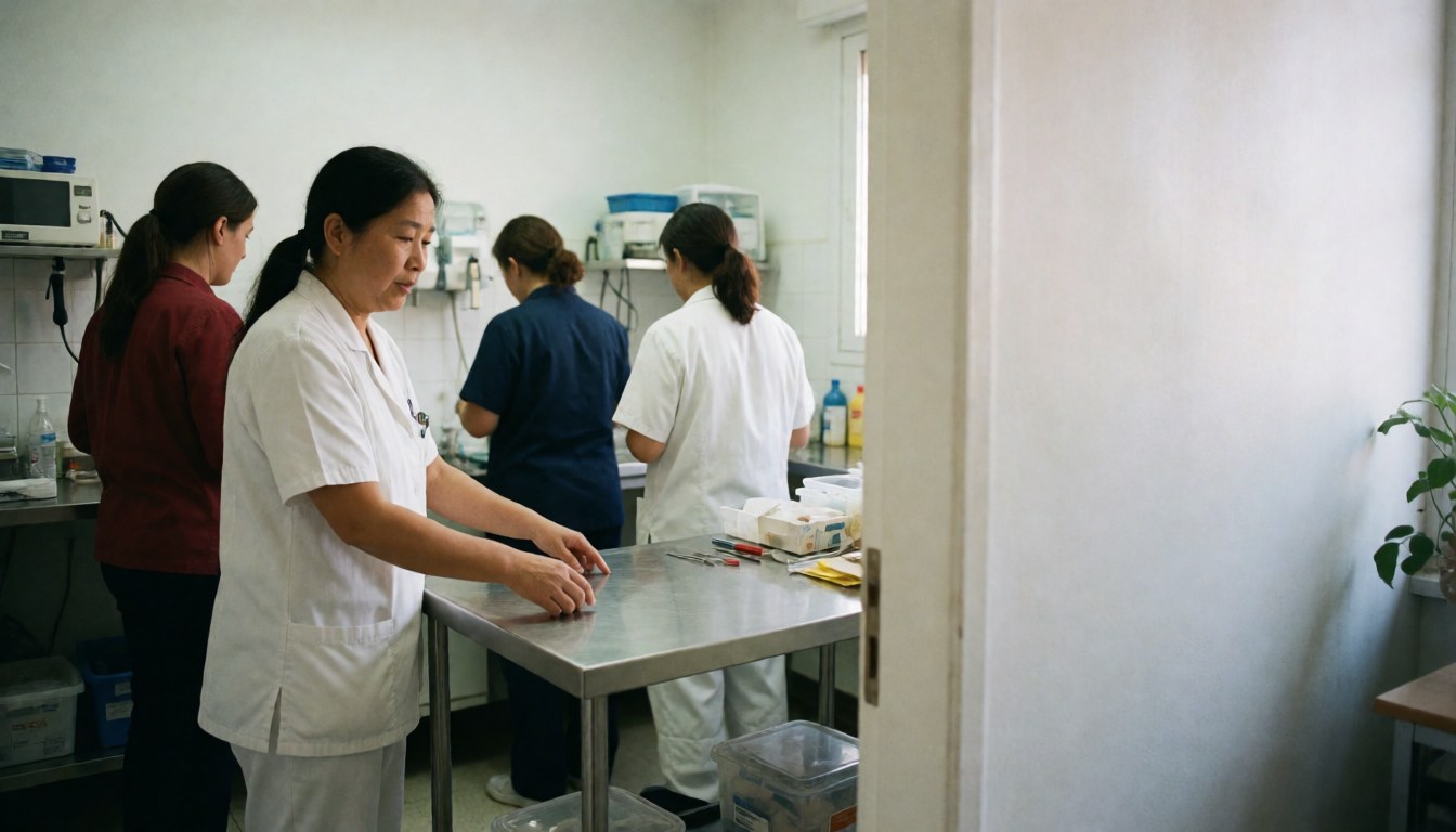Veterinary treatment room with staff working at a stainless steel table and medical equipment in the background with natural light