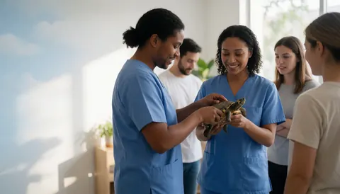 A veterinarian holding a turtle in a modern clinic reception area with soft lighting and space for text on the left