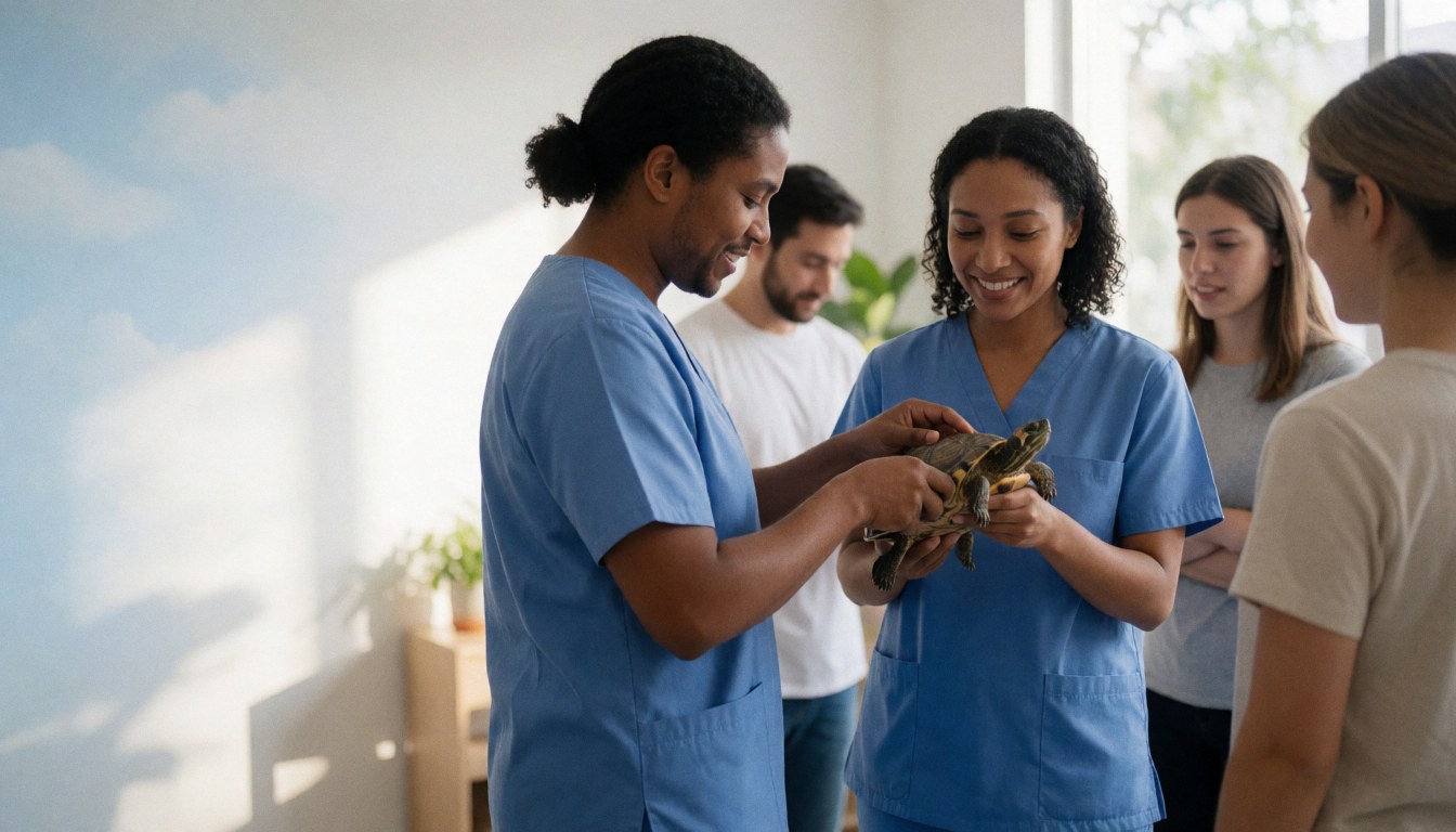 A veterinarian holding a turtle in a modern clinic reception area with soft lighting and space for text on the left