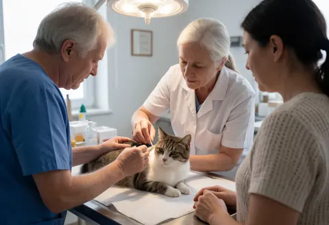 A veterinarian examines a cat on an exam table while the owner watches attentively in a bright clinical setting.