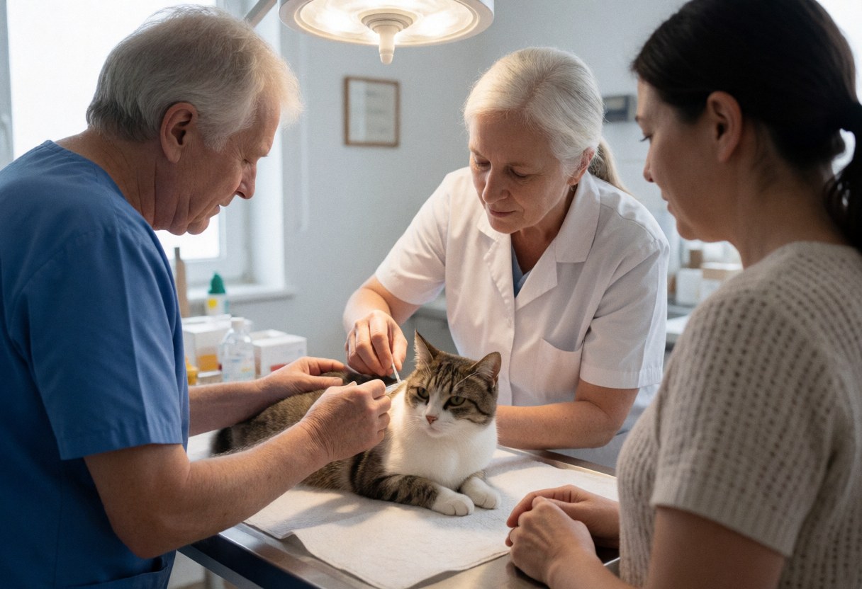 A veterinarian examines a cat on an exam table while the owner watches attentively in a bright clinical setting.