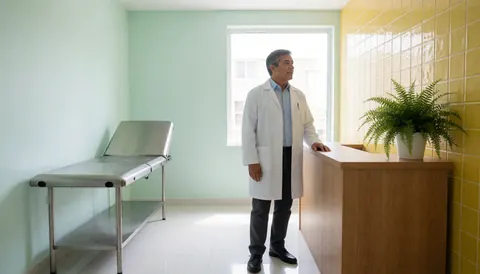 A doctor stands beside the reception area in a clean medical clinic featuring a examination table, window, and plant.