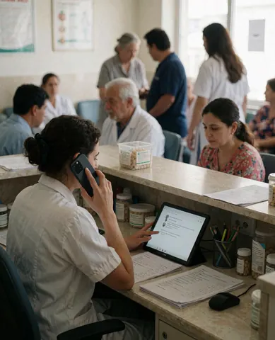 A receptionist at a veterinary clinic talks on a cellphone while using a computer, with other staff and patients in the background.