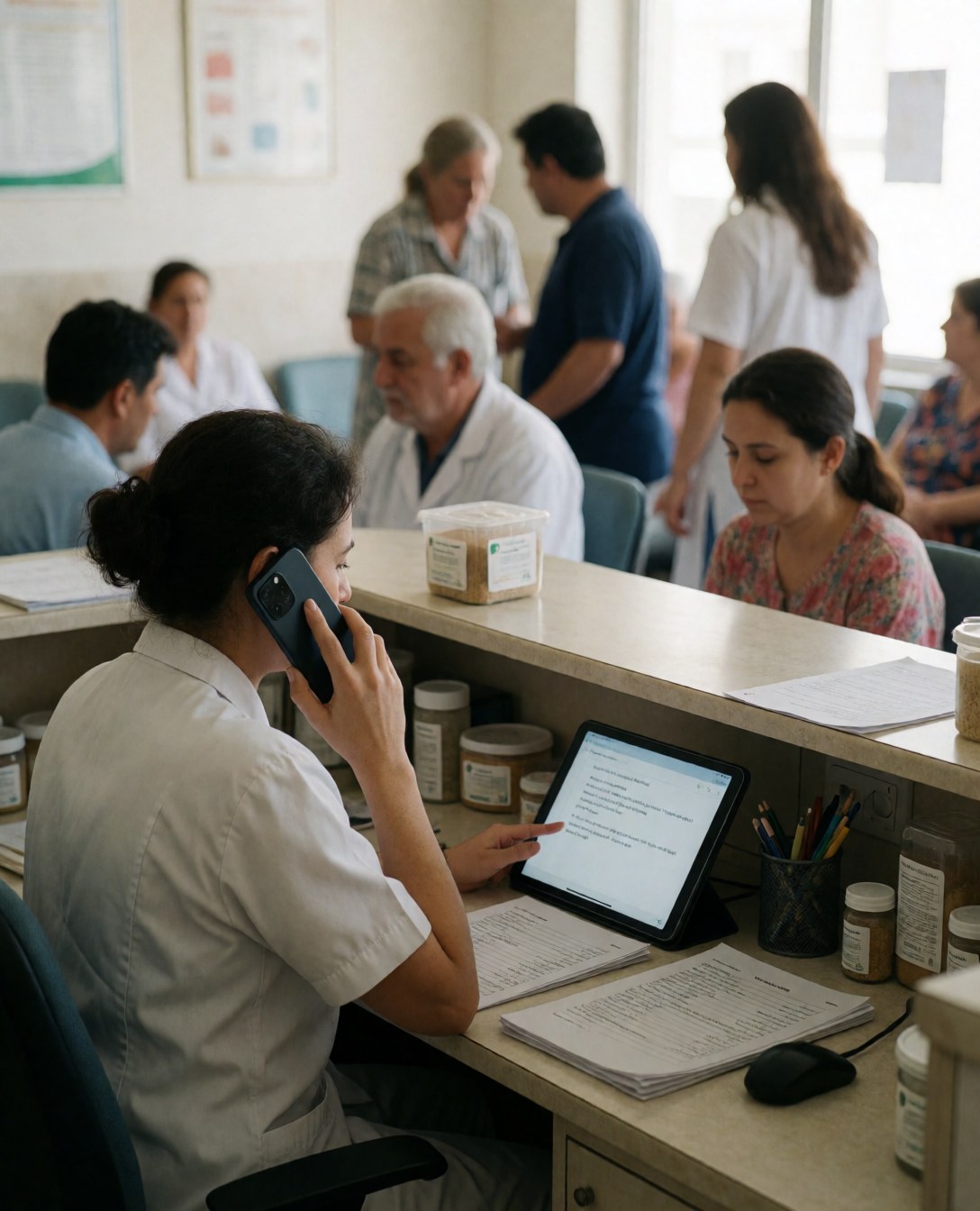 Reception staff at a veterinary clinic handle phone calls and review a tablet while patients wait in the background.