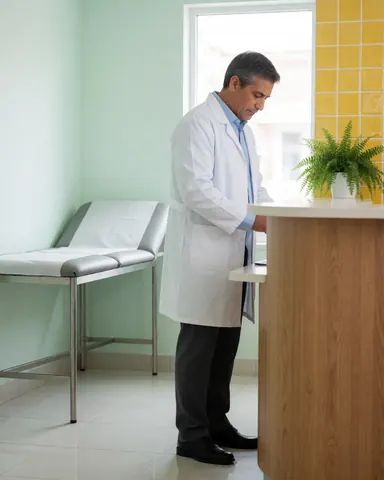 A healthcare professional standing at the reception desk reviewing paperwork with an examination table and plant visible in the background