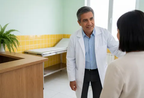 A doctor in a white coat examines a patient in a consultation room with green walls and yellow tiles.