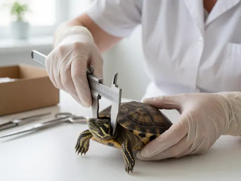 Gloved hand using calipers to measure a turtle in a veterinary clinic with blurred medical tools in the background