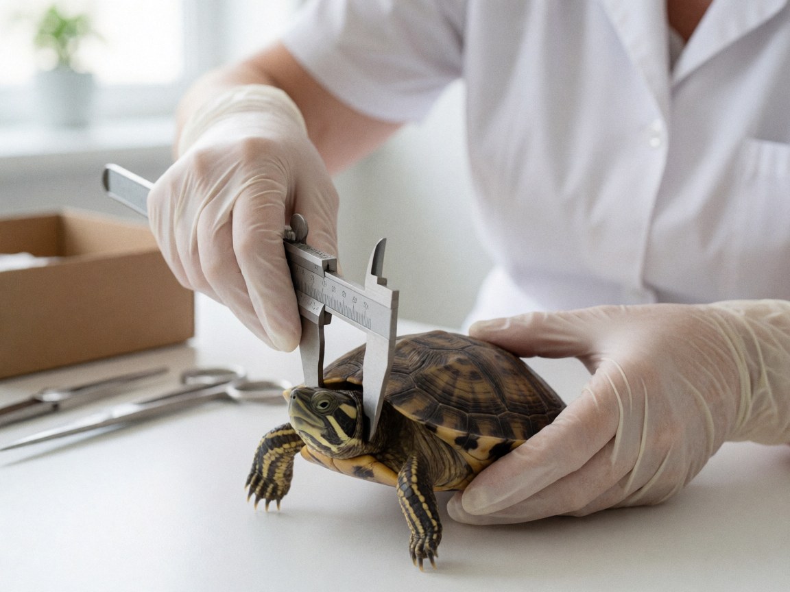 Gloved hand using calipers to measure a turtle in a veterinary clinic with blurred medical tools in the background