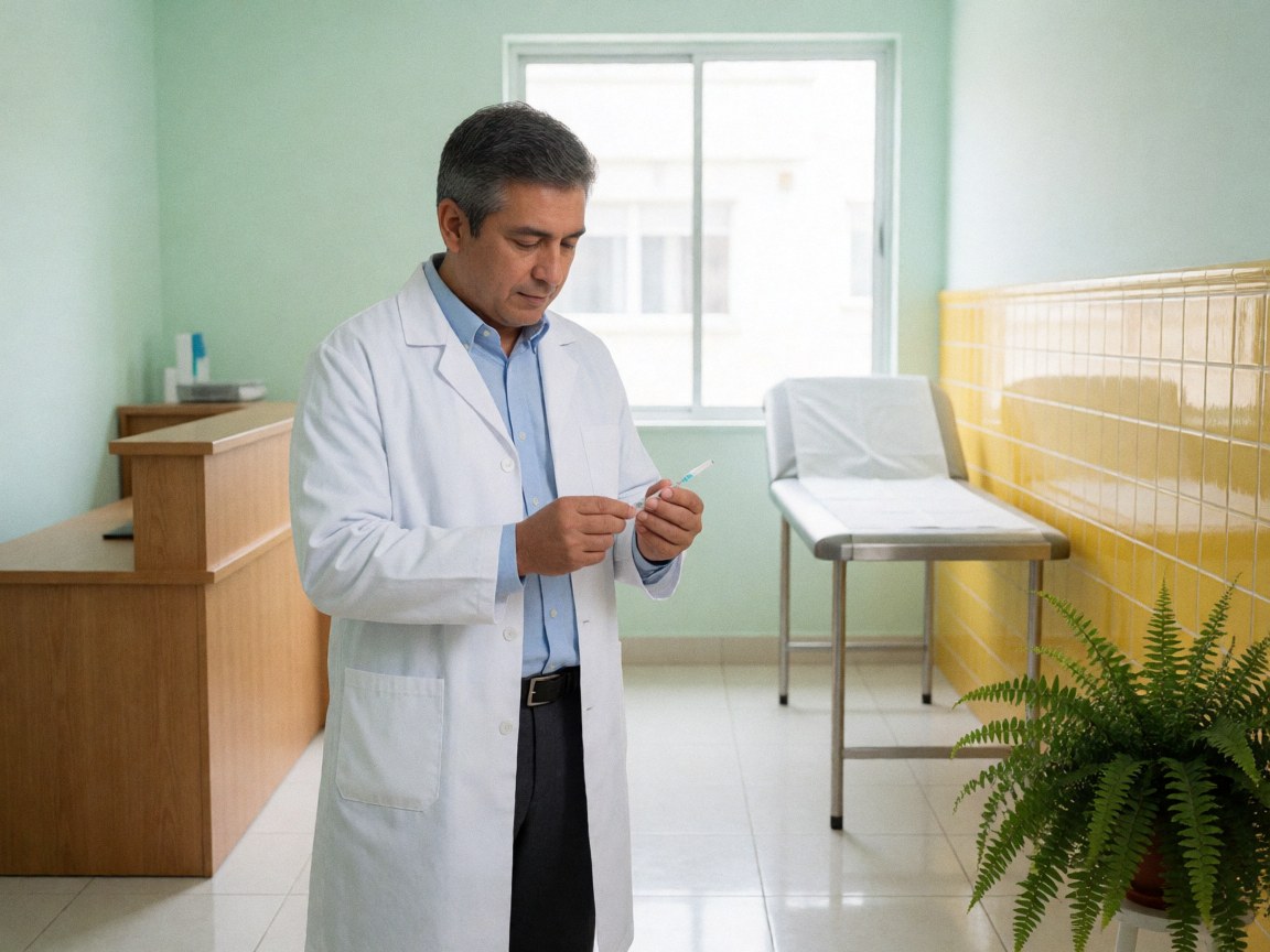 A doctor prepares a sterile injection in a medical clinic with green walls, white floor, exam table, and a plant.