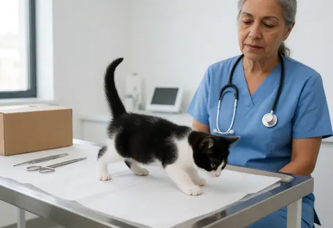 A black and white puppy stands on an examination table in a modern veterinary clinic while a vet observes closely.