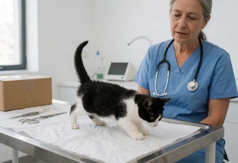 A veterinarian with a stethoscope examines a small black and white kitten on an exam table in a clinic.