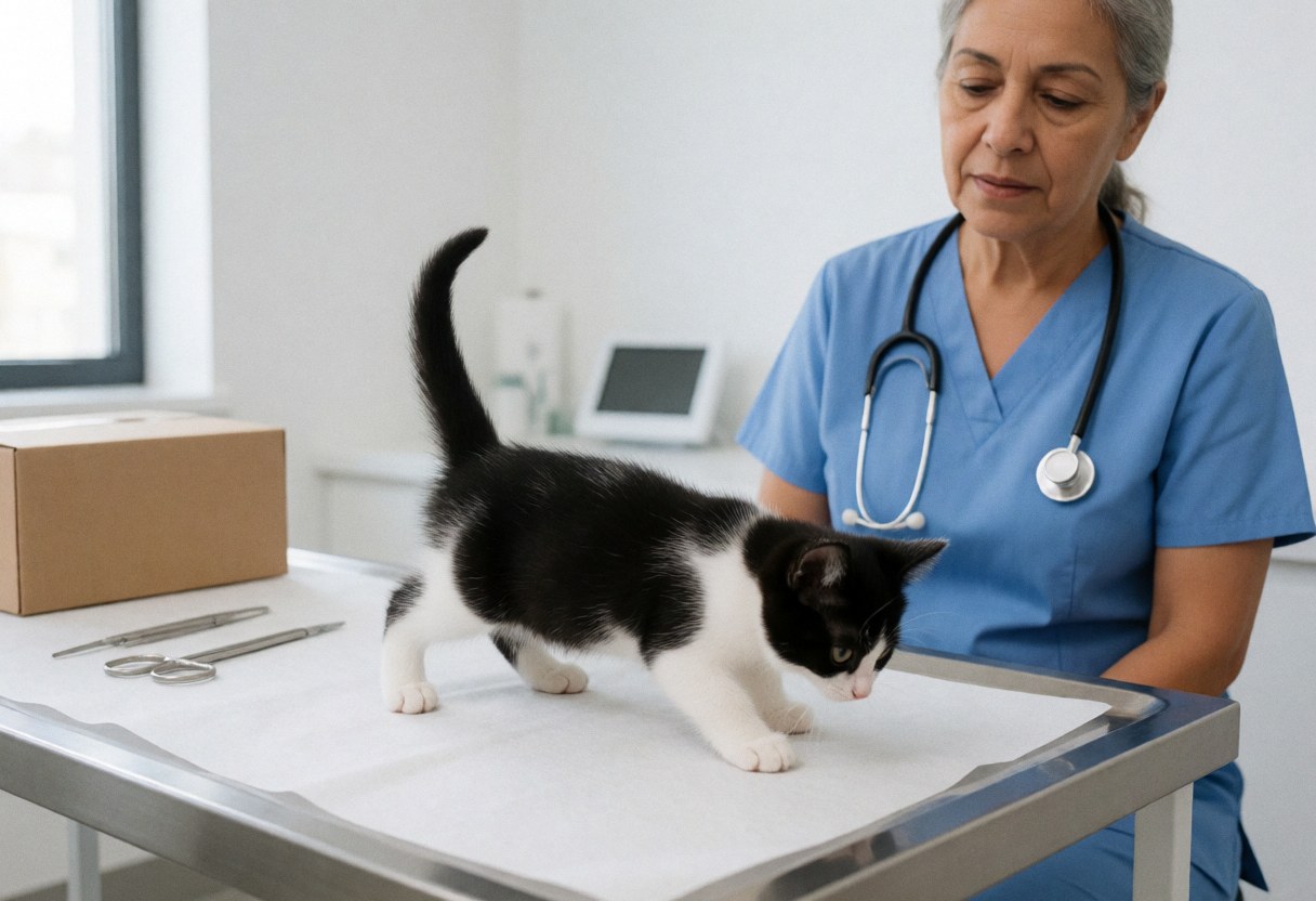 A black and white puppy stands on an examination table in a modern veterinary clinic while a vet observes closely.