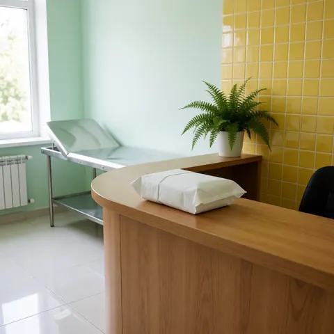 Sterile medical kit wrapped in white on a wooden counter with green and yellow walls, a plant, and a metal examination table in the background.