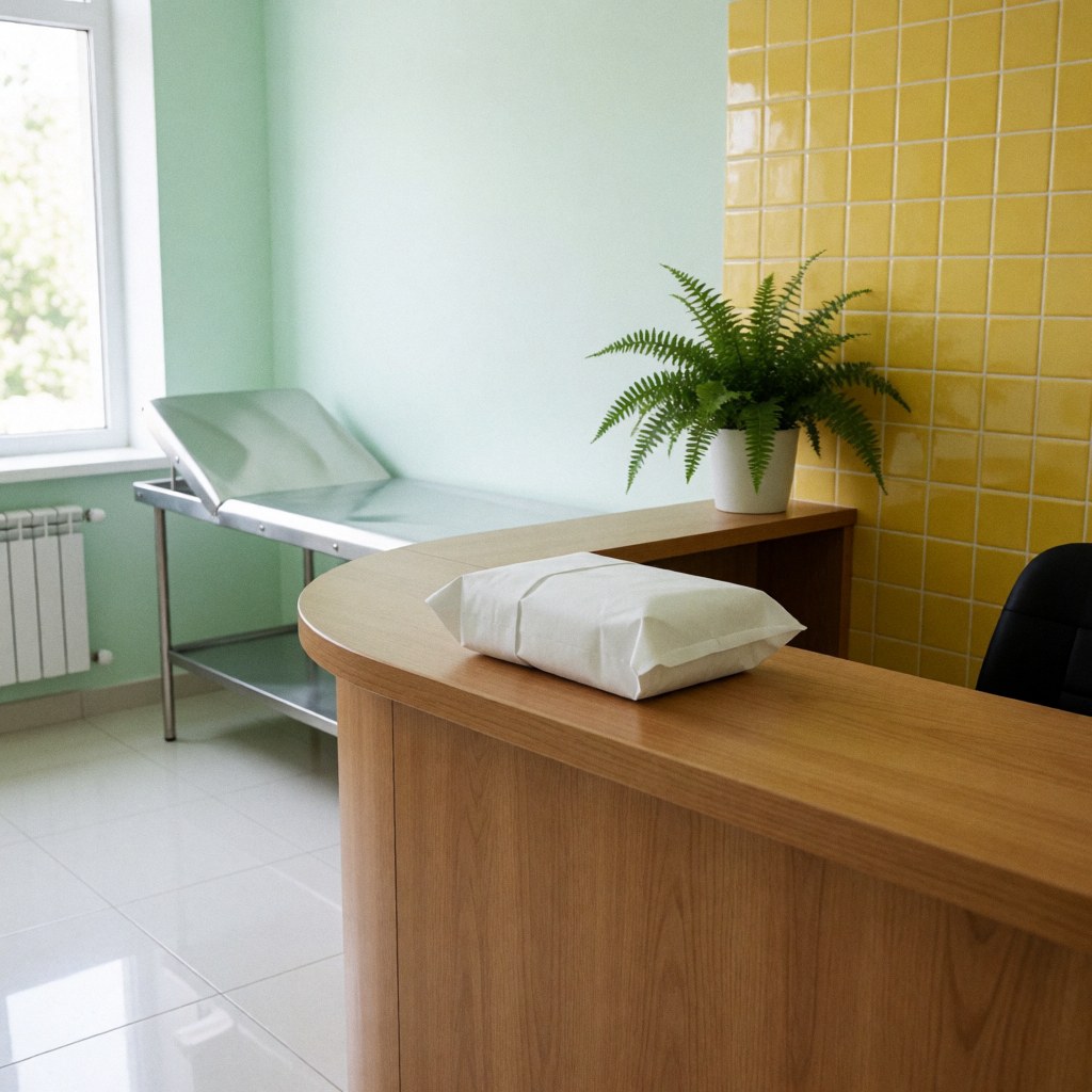 Sterile medical kit wrapped in white on a wooden counter with green and yellow walls, a plant, and a metal examination table in the background.