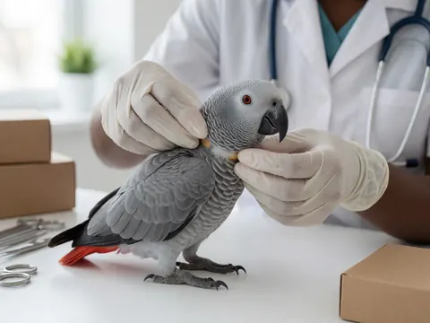 Gloved hands adjust a collar on a grey parrot on a clinical table with medical tools nearby