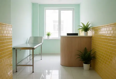 Medical clinic interior featuring green walls, yellow tiles, wooden reception desk, exam table, plants, and natural light