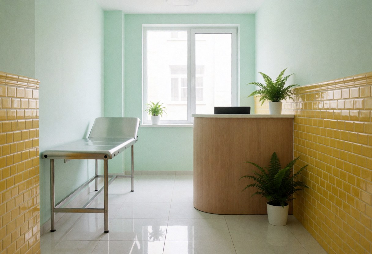 Medical clinic interior featuring green walls, yellow tiles, wooden reception desk, exam table, plants, and natural light