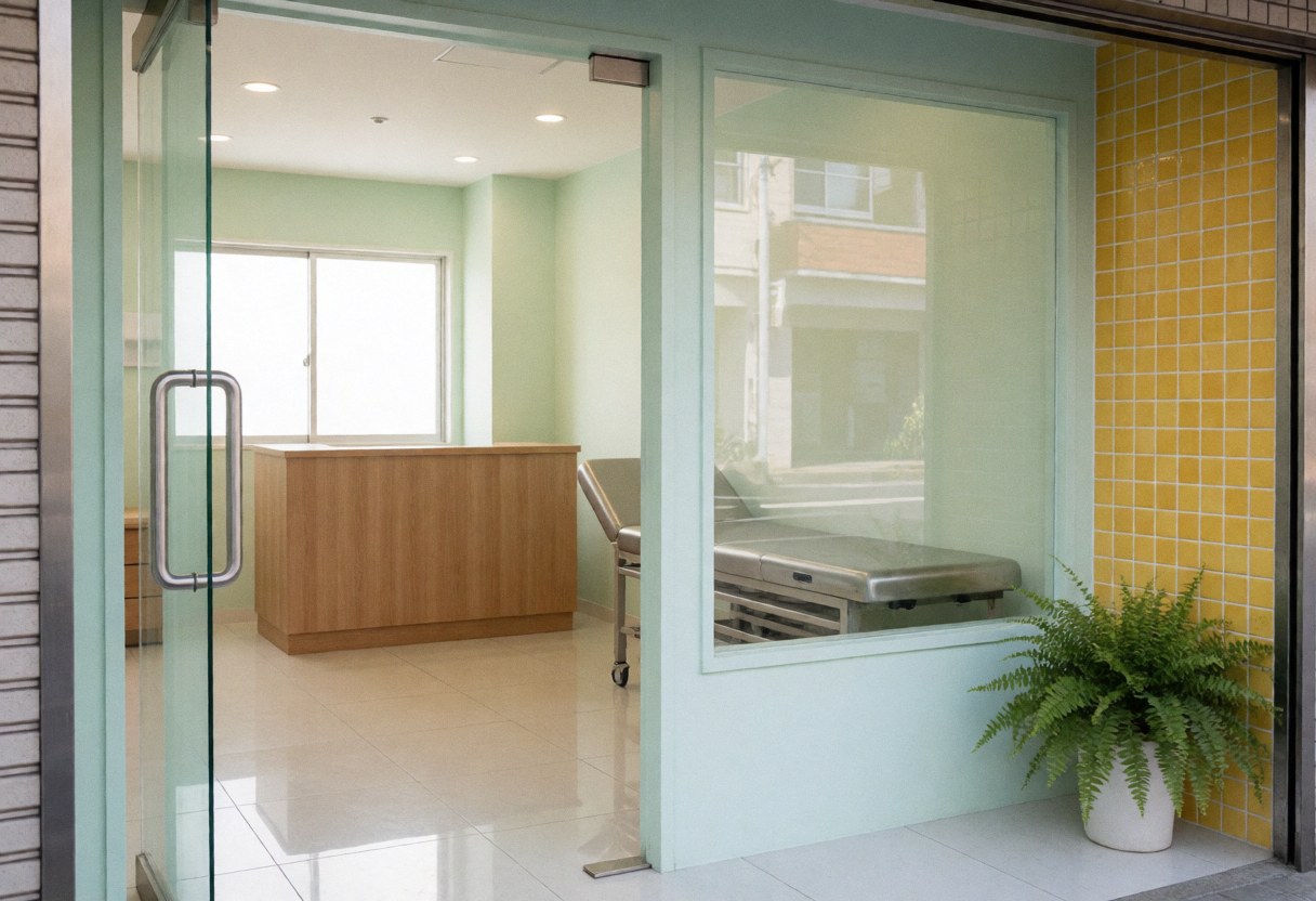 Exterior view of a medical clinic featuring green walls, yellow tiles, a wooden reception desk, metal stretcher, and potted plant