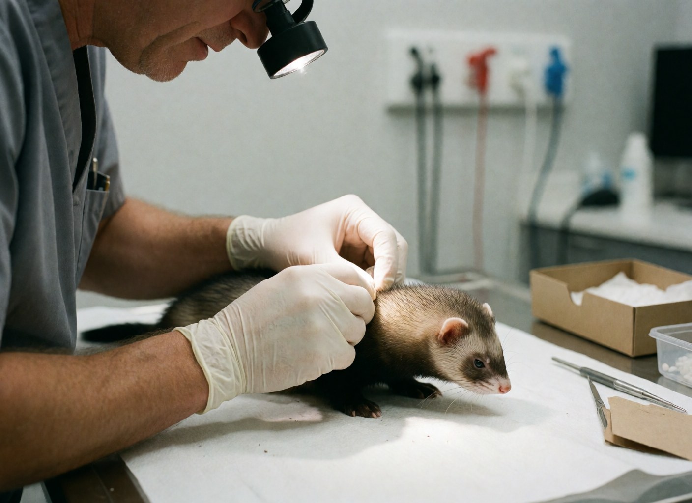 A veterinarian wearing gloves examines a ferret on a sterile table in a modern clinic using a light to check its fur and health.