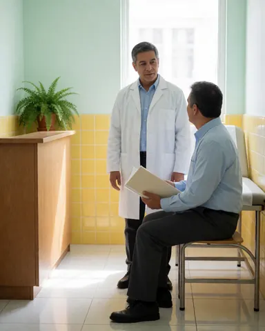 A smiling patient holding a medical file speaks with a doctor in a clinic with green walls and natural light.