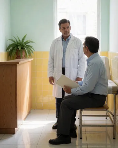 Doctor in white coat talking with patient seated on a waiting room chair in a medical clinic.