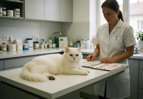 A white cat rests on an exam table in a modern veterinary clinic while a vet reviews documents in a clean environment