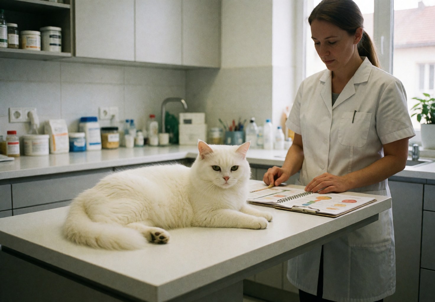 A white cat rests on an exam table in a modern veterinary clinic while a vet reviews documents in a clean environment