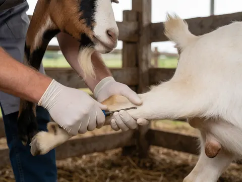 Close-up of gloved hand inspecting a goat's paw in a wooden enclosure during a professional animal health check