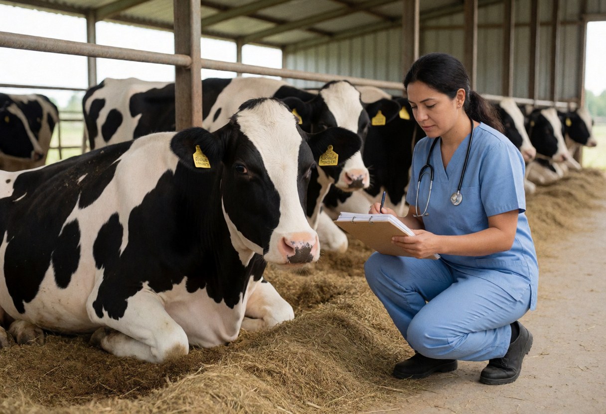 A veterinarian checks the health of dairy cows inside a clean and organized rural barn filled with hay.