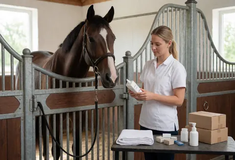 A veterinarian inspects medicines on a table near a horse in a stable. The horse is tied and looks forward in a clean, professional environment.