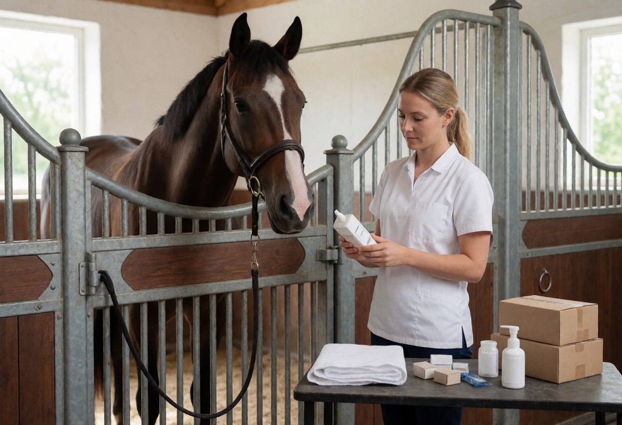 A veterinarian inspects medicines on a table near a horse in a stable. The horse is tied and looks forward in a clean, professional environment.