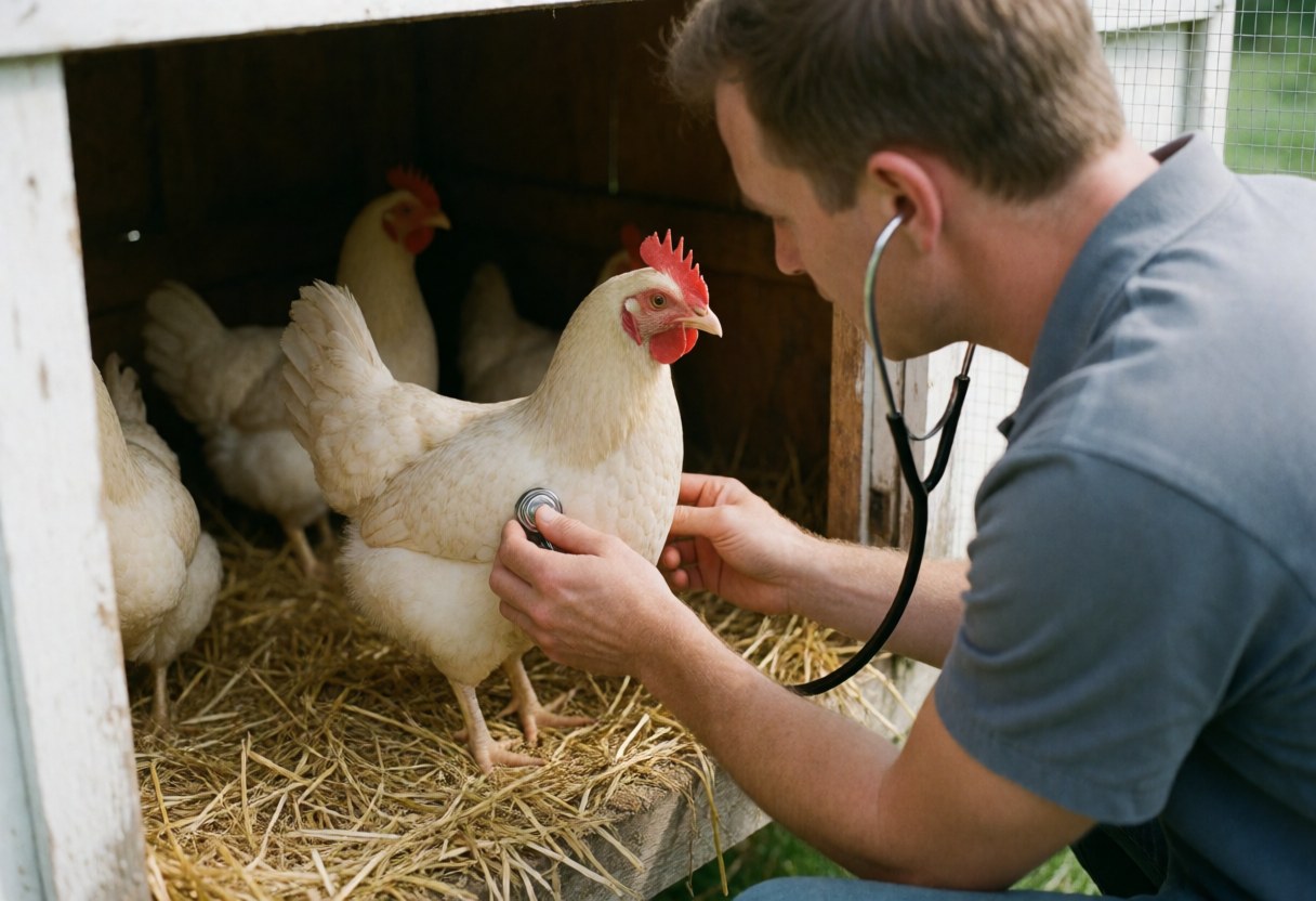 A veterinarian uses a stethoscope to examine a calm hen in a clean wooden coop with straw bedding.