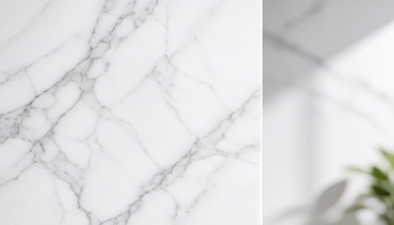 Clean white marble surface with subtle gray veining, providing ample copy space on the right side for jewelry store advertisements and text overlays.