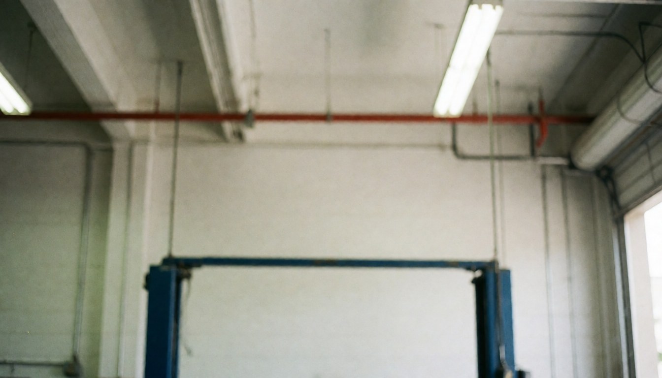 Blurred background of a mechanic shop with fluorescent lights, pipes, and metal structures, ideal for advertising text.