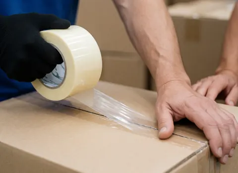 Close-up of a hand wearing a black glove applying clear tape to a brown cardboard box with blurred boxes in the background