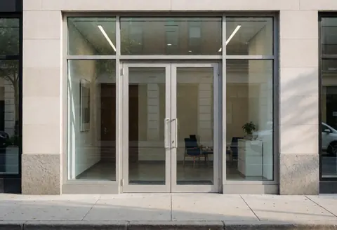 Modern consulting firm facade with glass doors, visible interior featuring chairs and a plant, natural lighting and clean architecture
