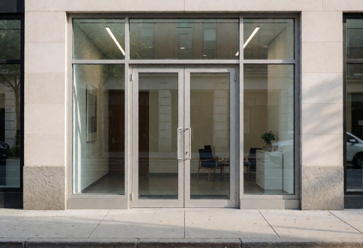 Modern consulting firm facade with glass doors, visible interior featuring chairs and a plant, natural lighting and clean architecture