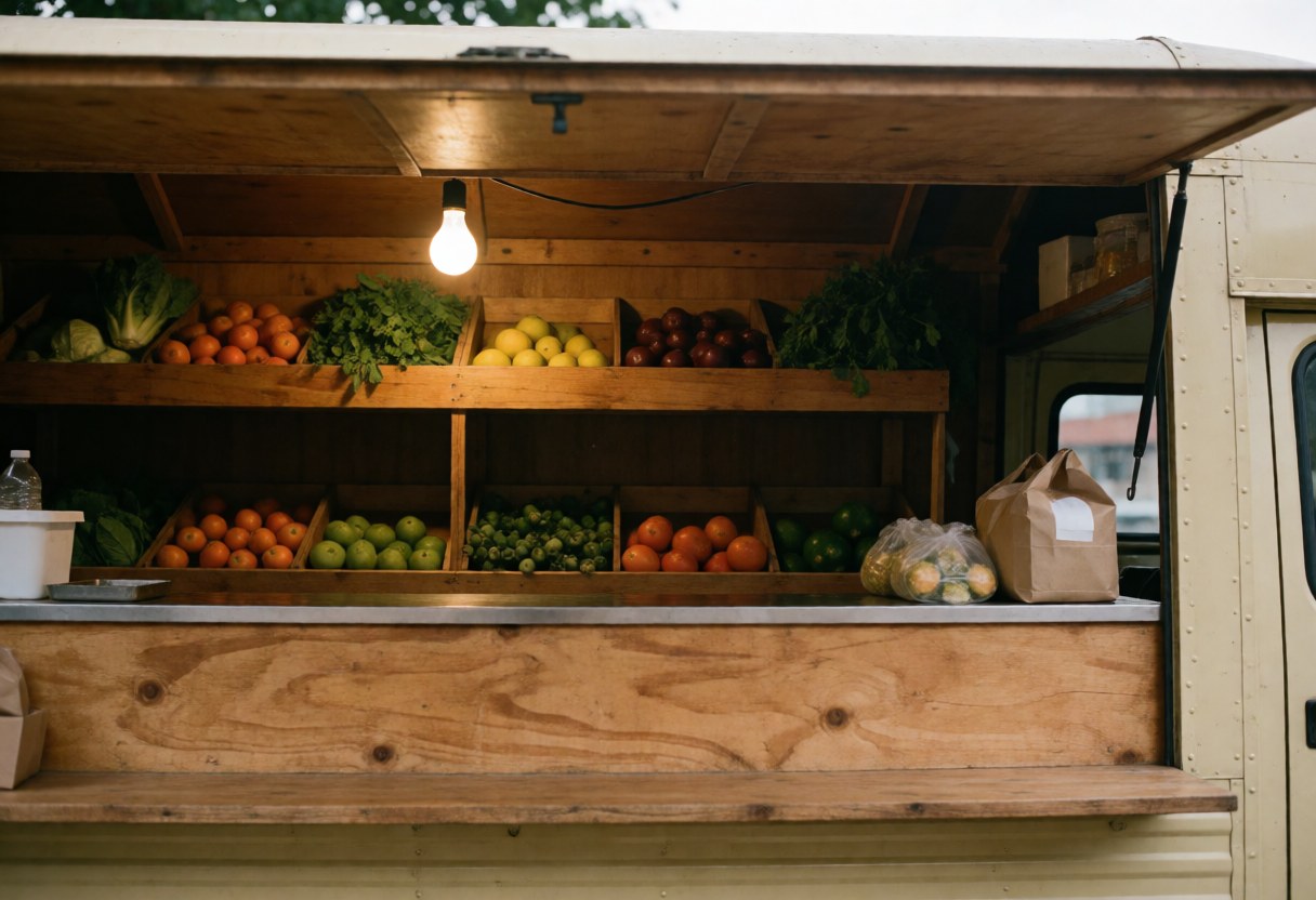 Interior view of a food truck displaying fresh fruit in wooden crates under a hanging light bulb