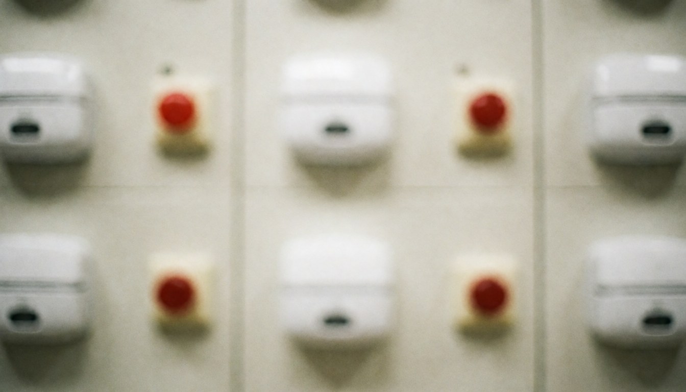 Panel with red and white emergency buttons in a workplace.