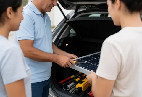 Technician installing a solar panel in the trunk of a car with tools and two people observing the process