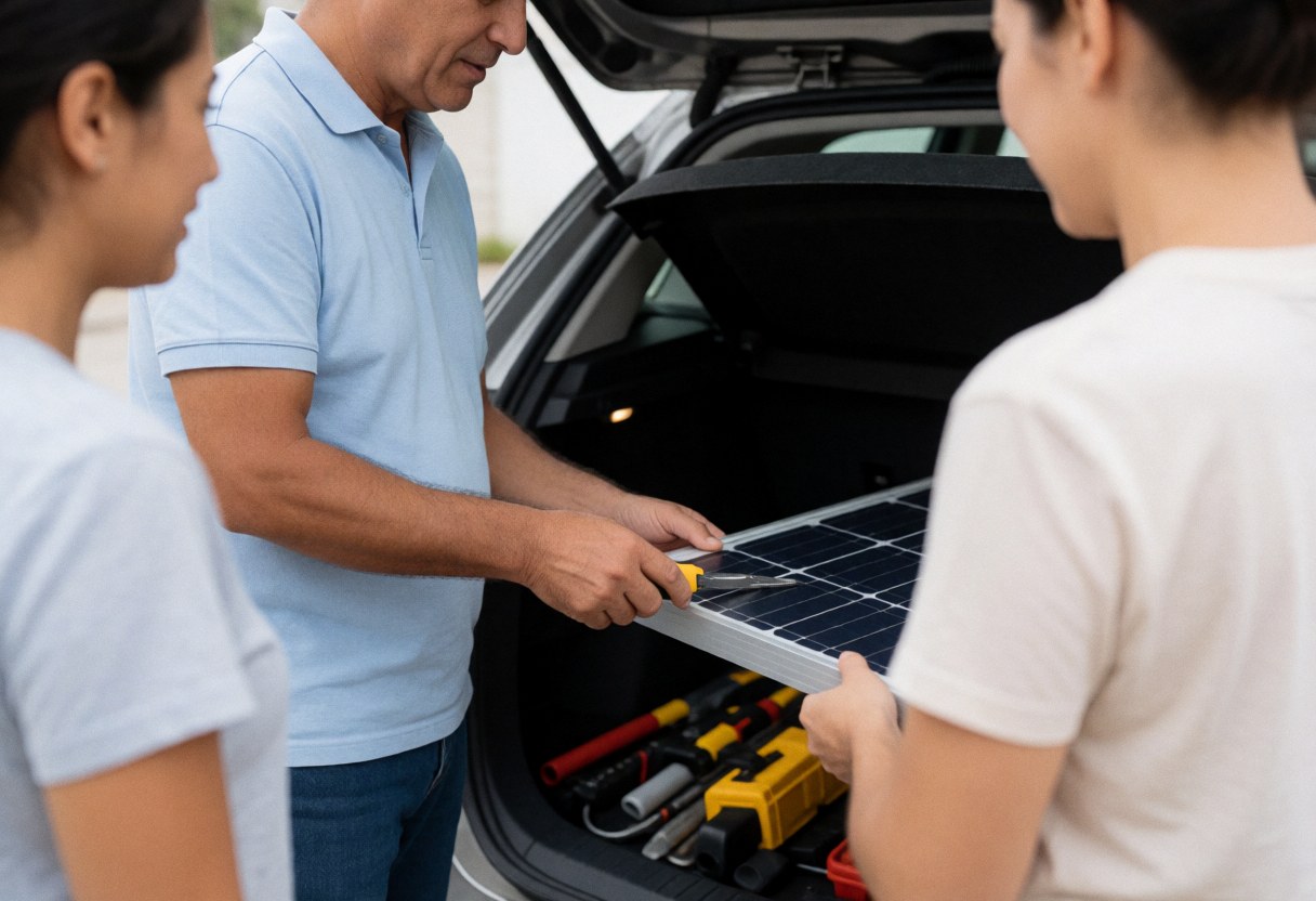 Technician installing a solar panel in the trunk of a car with tools and two people observing the process