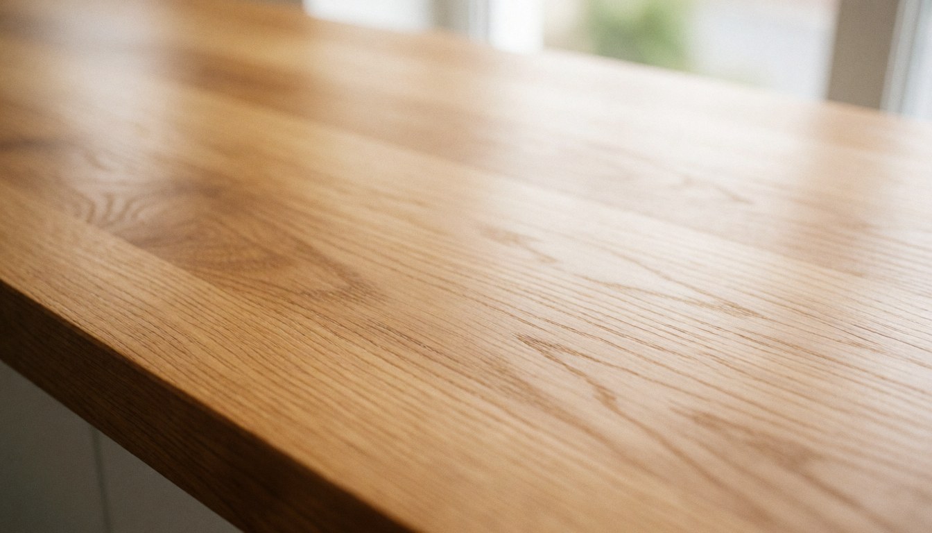 Polished clean wooden table with visible grain texture and soft natural light, ideal for placing text or products