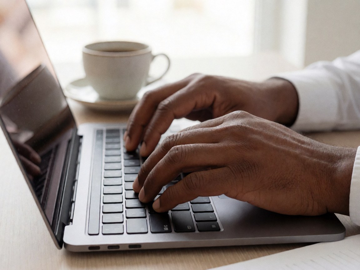 Close-up of a hand typing on a laptop keyboard with a cup of coffee nearby in a clean professional setting