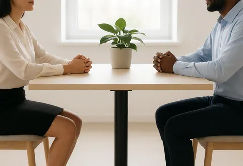Two people seated at a business table with a central plant in a minimalist professional setting with natural light
