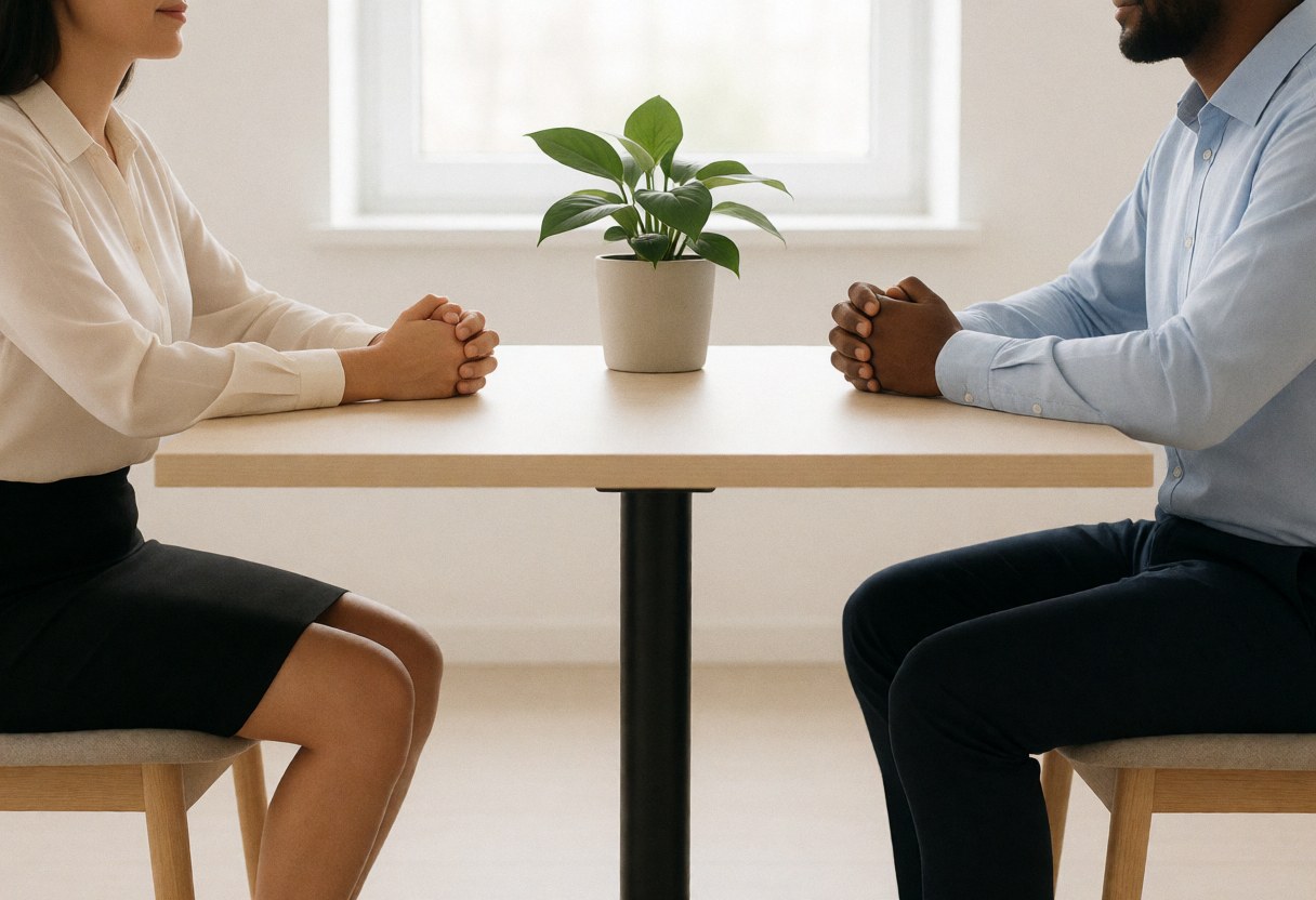 Two people seated at a business table with a central plant in a minimalist professional setting with natural light