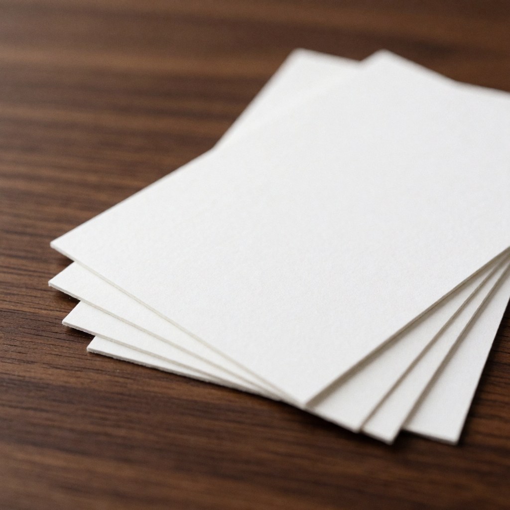 Plain white business cards placed on a dark wooden surface with soft lighting and a blurred background for professional use