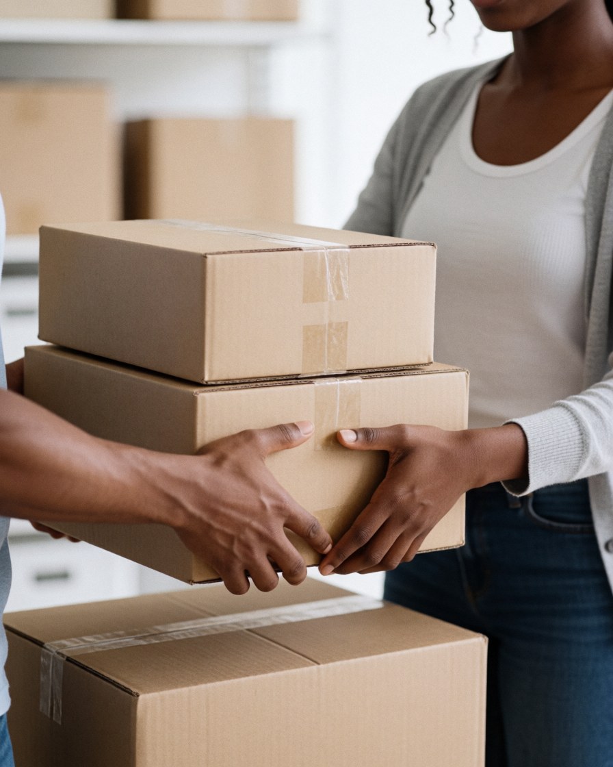 Two people passing cardboard boxes with tape in a warehouse. A woman in a white t-shirt and jeans handles inventory in a logistics scene.