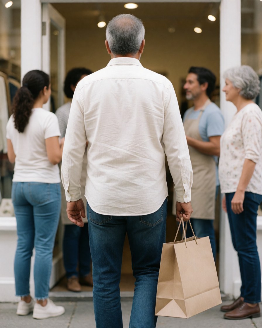 An older customer exits a store holding a paper bag, while other customers and staff are at the entrance.