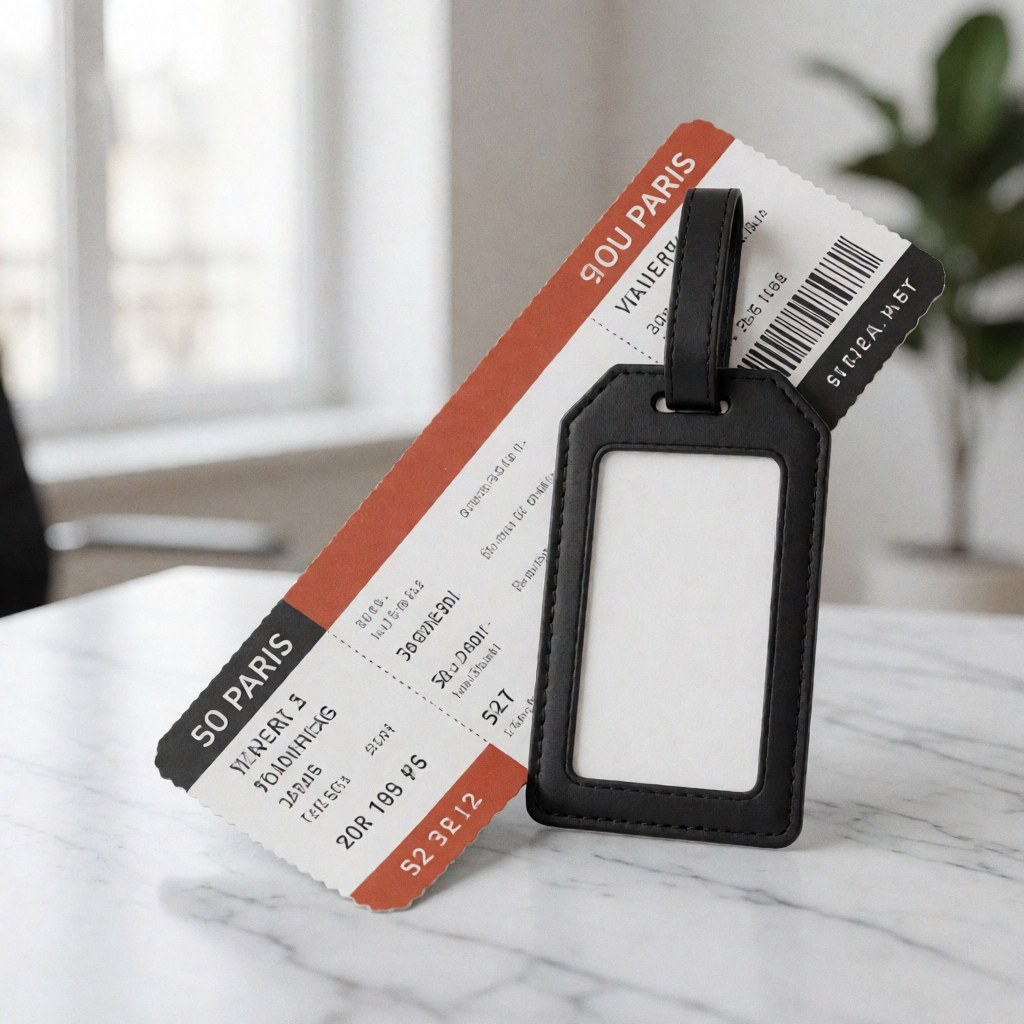Luggage tag and travel ticket placed on a white marble surface with gray veins, suitable for travel agency product use