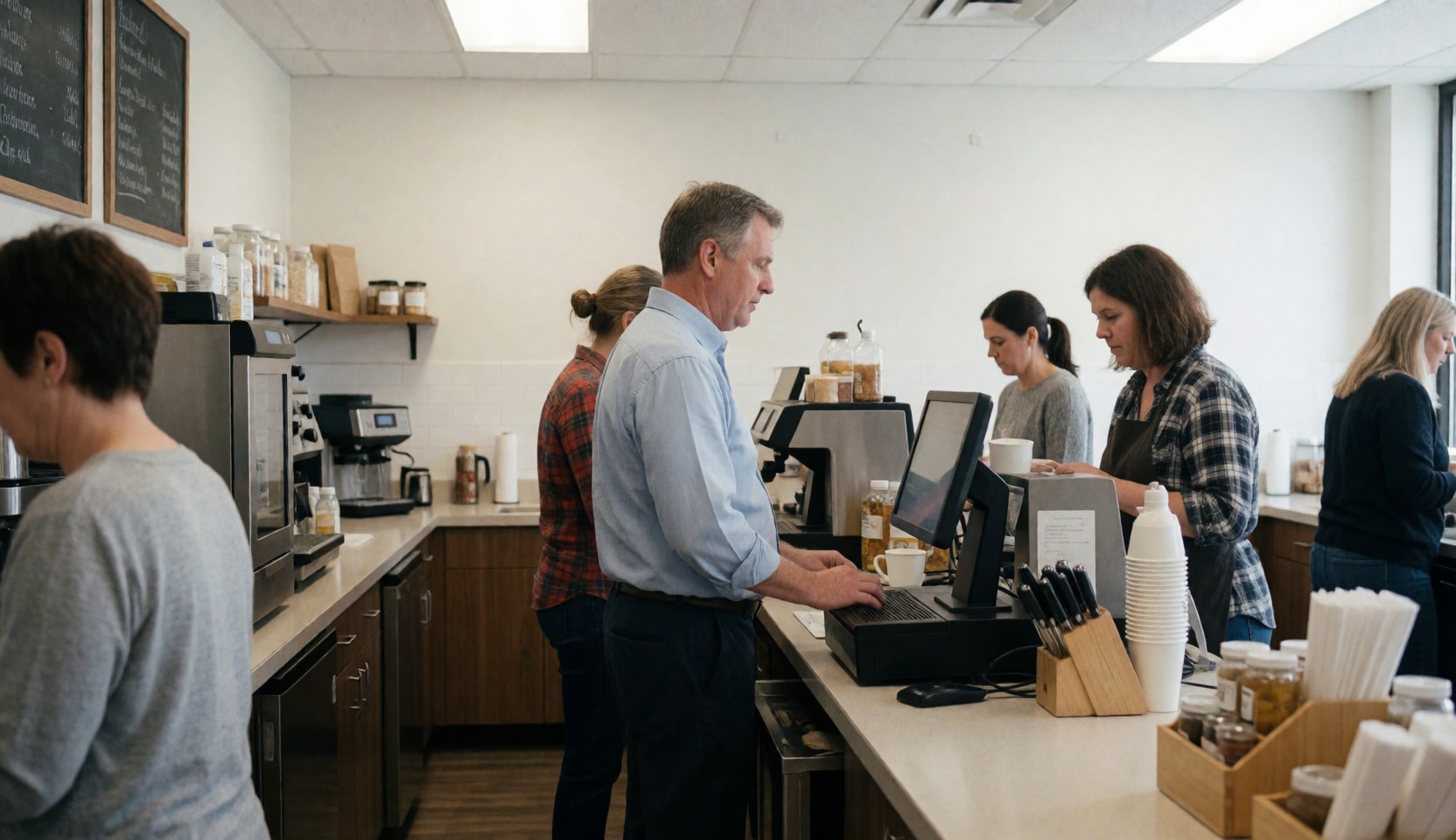 Bright cafe interior showing employees serving customers behind a clean counter with kitchen equipment and cups